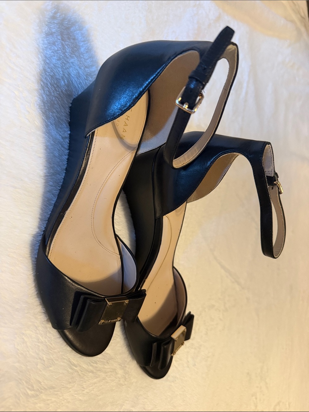 Cole Haan Black Leather Ankle-Strap Bow Heels with Gold Plaque - Picture 2 of 7